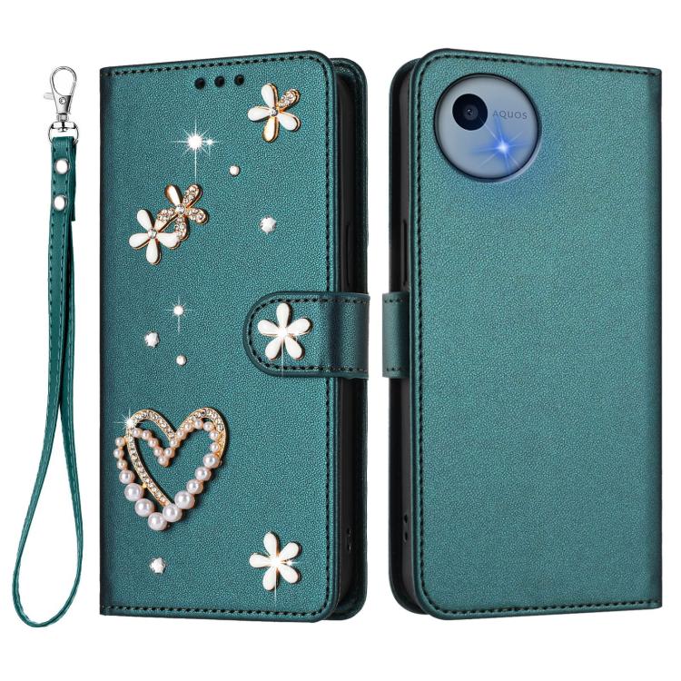 For Sharp Aquos Wish5 ZS01 Double-Layer Heart Floral Vegan Leather Phone Case with Wrist Strap