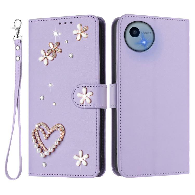 For Sharp Aquos Wish5 ZS01 Double-Layer Heart Floral Vegan Leather Phone Case with Wrist Strap