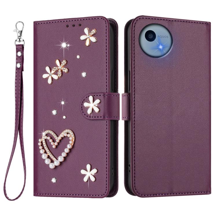For Sharp Aquos Wish5 ZS01 Double-Layer Heart Floral Vegan Leather Phone Case with Wrist Strap