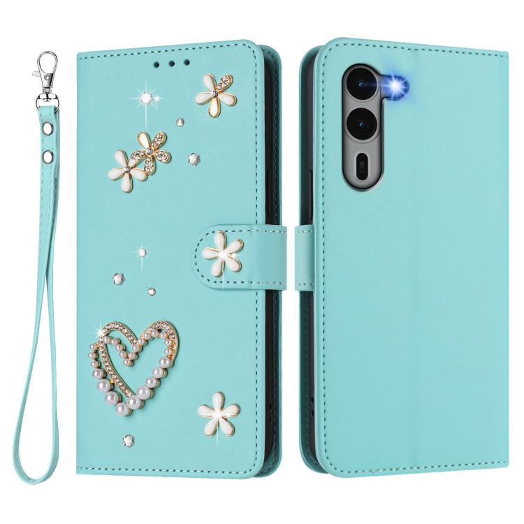 For Fujitsu Arrows We2 Plus F-51E ZS01 Double-Layer Heart Floral Vegan Leather Phone Case with Wrist Strap