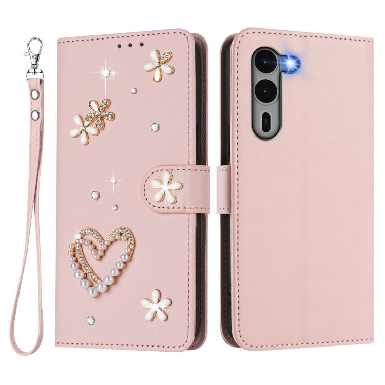 For Fujitsu Arrows We2 Plus F-51E ZS01 Double-Layer Heart Floral Vegan Leather Phone Case with Wrist Strap