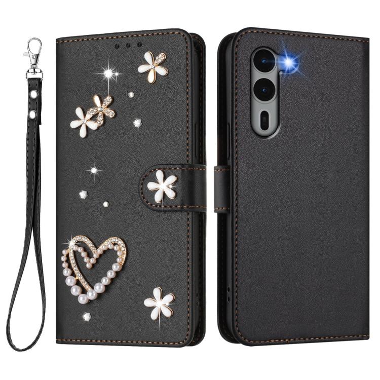 For Fujitsu Arrows We2 Plus F-51E ZS01 Double-Layer Heart Floral Vegan Leather Phone Case with Wrist Strap