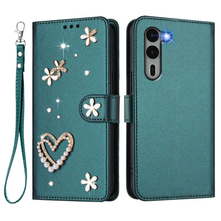 For Fujitsu Arrows We2 Plus F-51E ZS01 Double-Layer Heart Floral Vegan Leather Phone Case with Wrist Strap