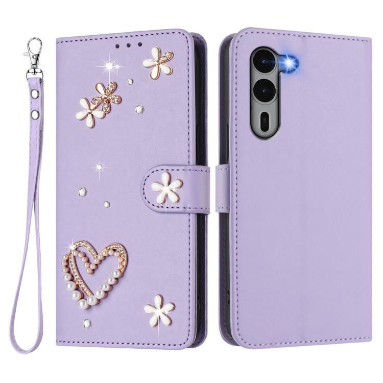 For Fujitsu Arrows We2 Plus F-51E ZS01 Double-Layer Heart Floral Vegan Leather Phone Case with Wrist Strap