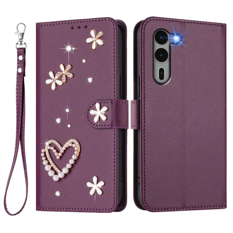 For Fujitsu Arrows We2 Plus F-51E ZS01 Double-Layer Heart Floral Vegan Leather Phone Case with Wrist Strap