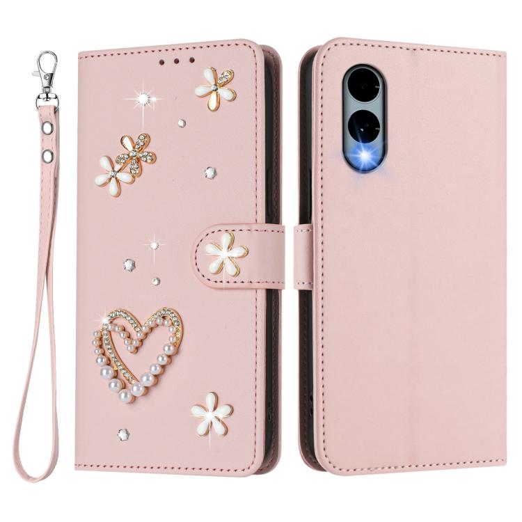 For Fujitsu Arrows We2 F-52E ZS01 Double-Layer Heart Floral Vegan Leather Phone Case with Wrist Strap