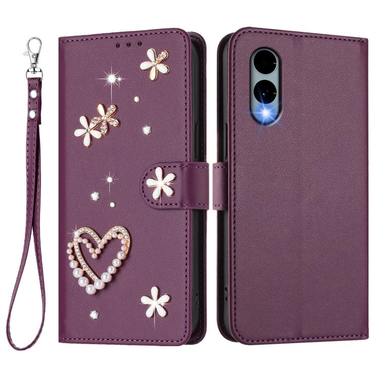 For Fujitsu Arrows We2 F-52E ZS01 Double-Layer Heart Floral Vegan Leather Phone Case with Wrist Strap