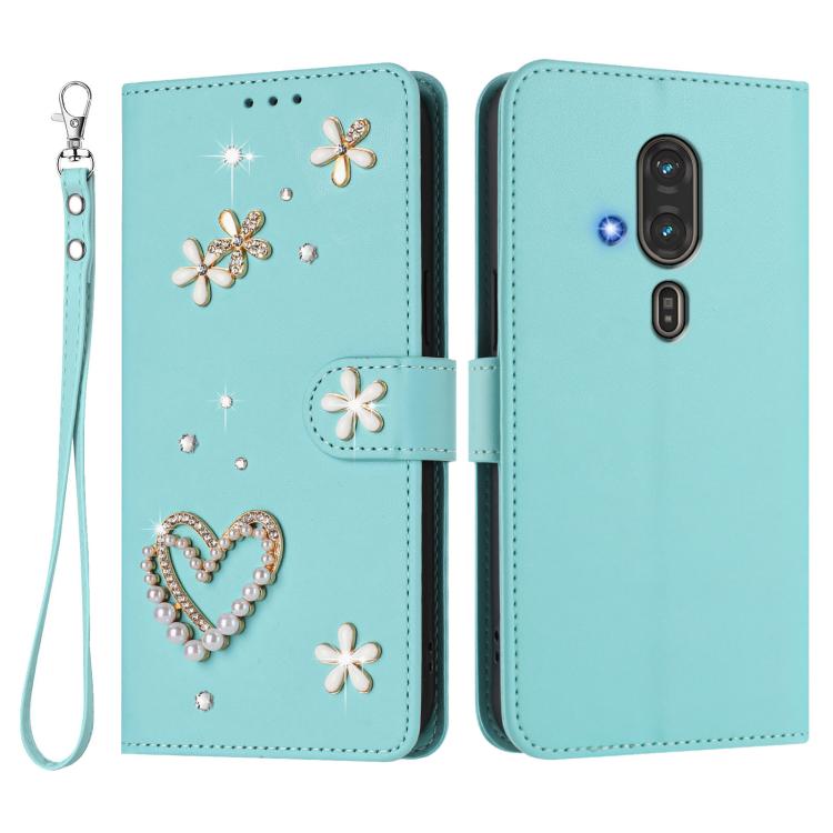For Fujitsu FCNE Rakuraku F-53E ZS01 Double-Layer Heart Floral Vegan Leather Phone Case with Wrist Strap