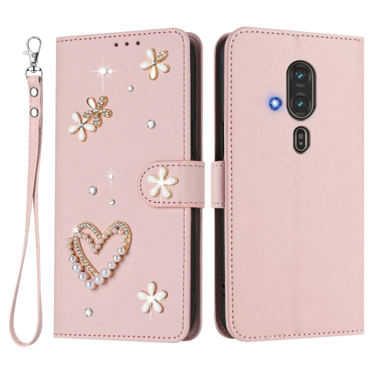 For Fujitsu FCNE Rakuraku F-53E ZS01 Double-Layer Heart Floral Vegan Leather Phone Case with Wrist Strap