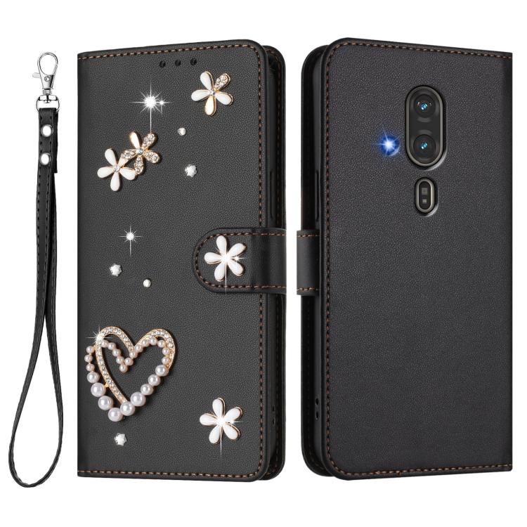 For Fujitsu FCNE Rakuraku F-53E ZS01 Double-Layer Heart Floral Vegan Leather Phone Case with Wrist Strap