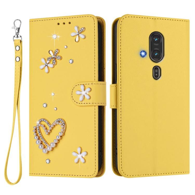 For Fujitsu FCNE Rakuraku F-53E ZS01 Double-Layer Heart Floral Vegan Leather Phone Case with Wrist Strap