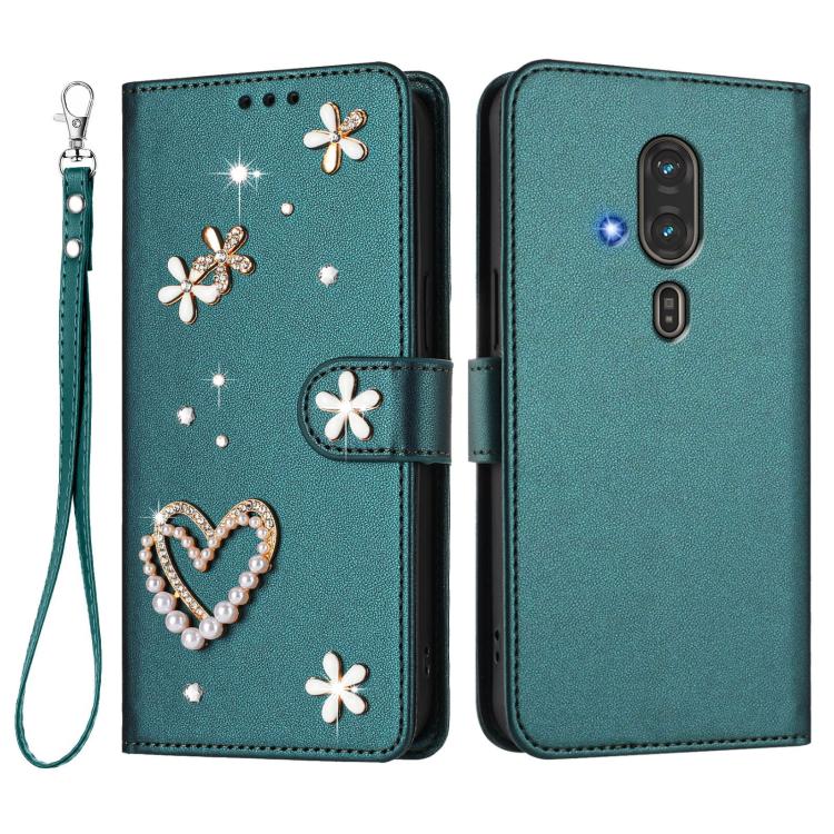 For Fujitsu FCNE Rakuraku F-53E ZS01 Double-Layer Heart Floral Vegan Leather Phone Case with Wrist Strap