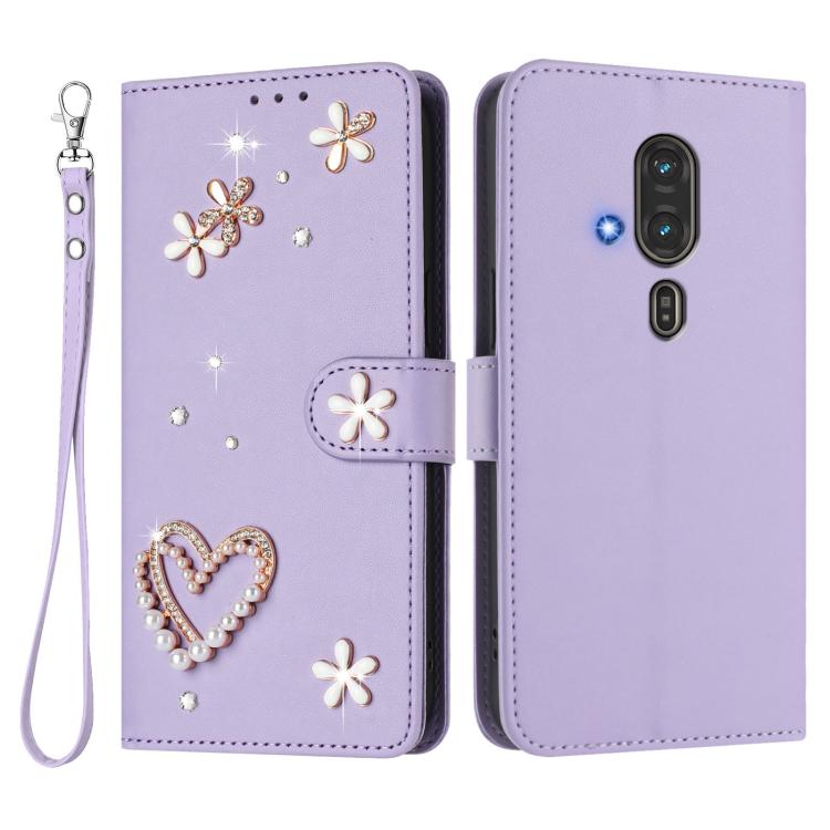 For Fujitsu FCNE Rakuraku F-53E ZS01 Double-Layer Heart Floral Vegan Leather Phone Case with Wrist Strap