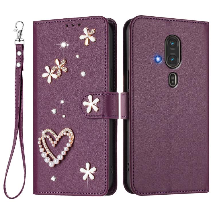 For Fujitsu FCNE Rakuraku F-53E ZS01 Double-Layer Heart Floral Vegan Leather Phone Case with Wrist Strap