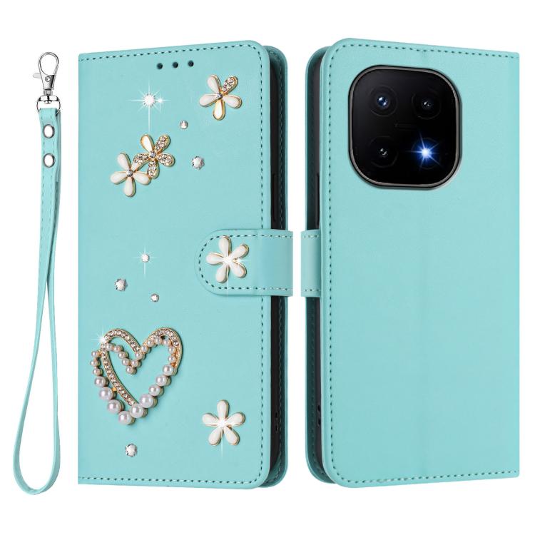 For vivo iQOO 15 5G ZS01 Double-Layer Heart Floral Vegan Leather Phone Case with Wrist Strap