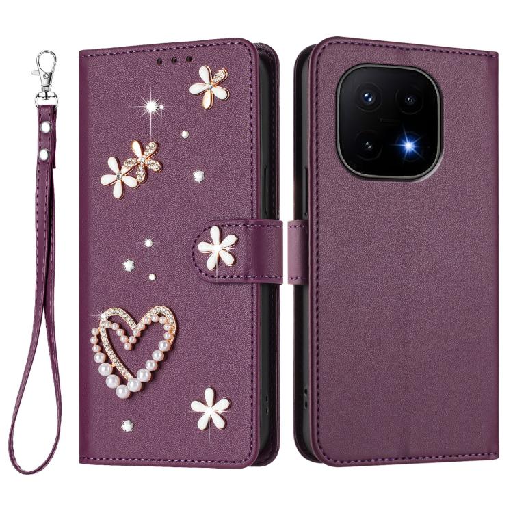 For vivo iQOO 15 5G ZS01 Double-Layer Heart Floral Vegan Leather Phone Case with Wrist Strap