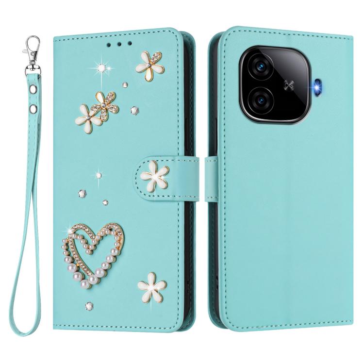 For vivo iQOO Z9 5G / Z9 Turbo 5G ZS01 Double-Layer Heart Floral Vegan Leather Phone Case with Wrist Strap