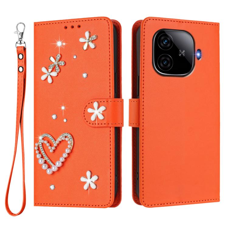 For vivo iQOO Z9 5G / Z9 Turbo 5G ZS01 Double-Layer Heart Floral Vegan Leather Phone Case with Wrist Strap