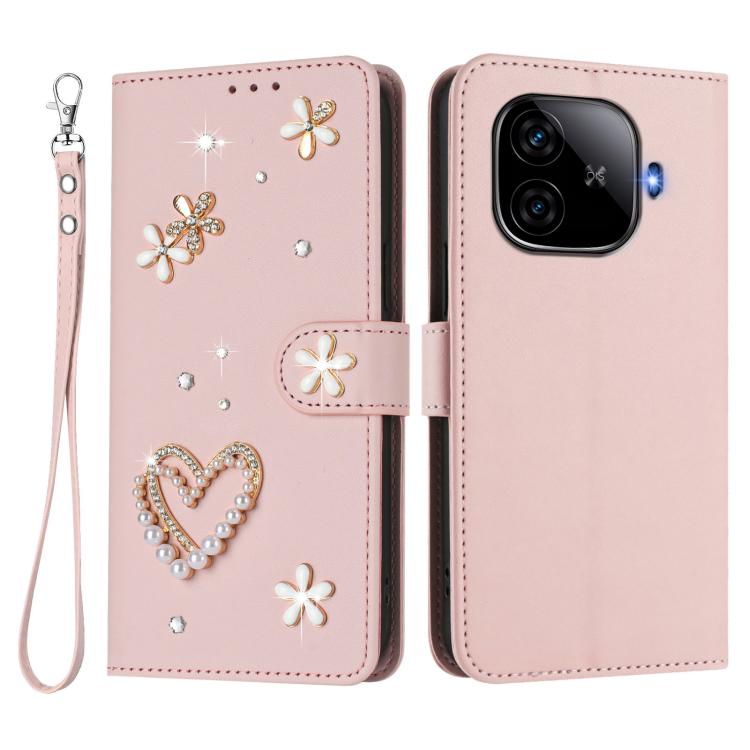 For vivo iQOO Z9 5G / Z9 Turbo 5G ZS01 Double-Layer Heart Floral Vegan Leather Phone Case with Wrist Strap