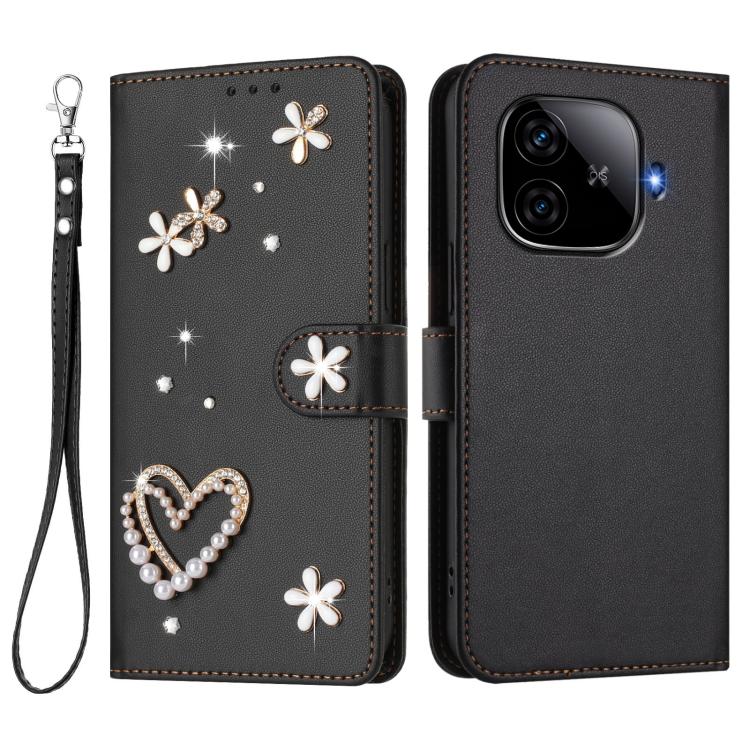 For vivo iQOO Z9 5G / Z9 Turbo 5G ZS01 Double-Layer Heart Floral Vegan Leather Phone Case with Wrist Strap