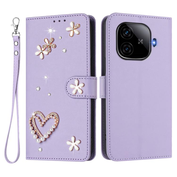 For vivo iQOO Z9 5G / Z9 Turbo 5G ZS01 Double-Layer Heart Floral Vegan Leather Phone Case with Wrist Strap