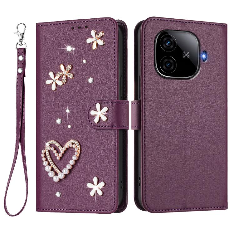 For vivo iQOO Z9 5G / Z9 Turbo 5G ZS01 Double-Layer Heart Floral Vegan Leather Phone Case with Wrist Strap