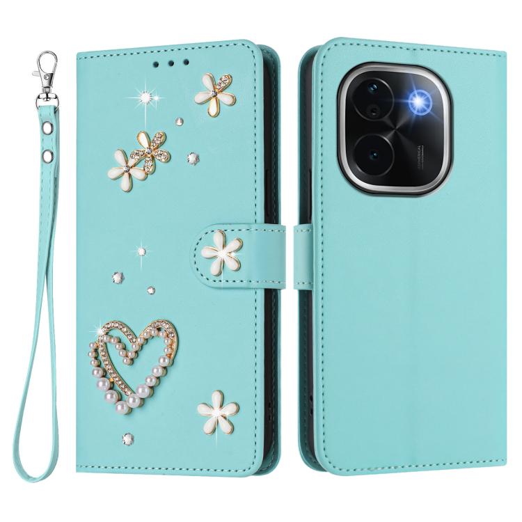For vivo iQOO Z9s Pro 5G India ZS01 Double-Layer Heart Floral Vegan Leather Phone Case with Wrist Strap