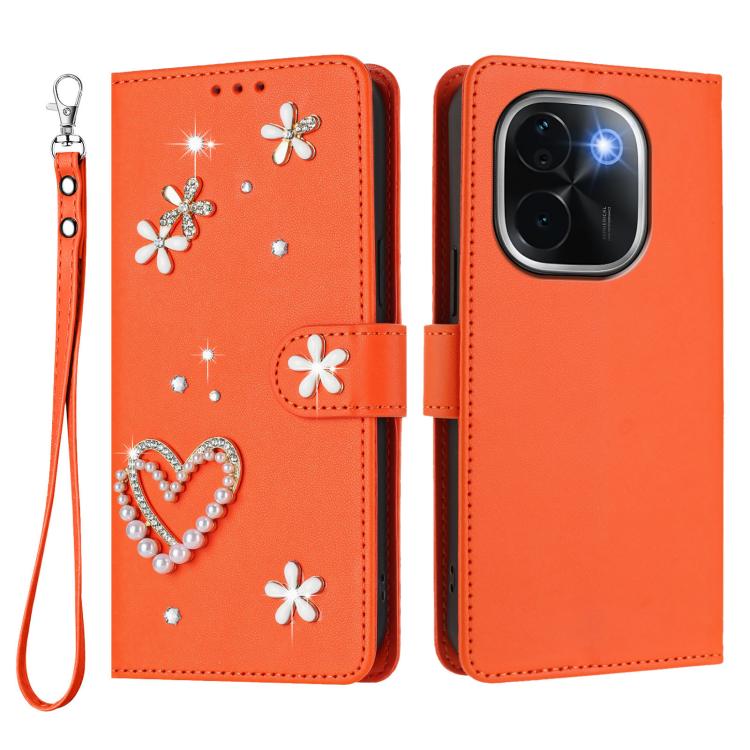 For vivo iQOO Z9s Pro 5G India ZS01 Double-Layer Heart Floral Vegan Leather Phone Case with Wrist Strap