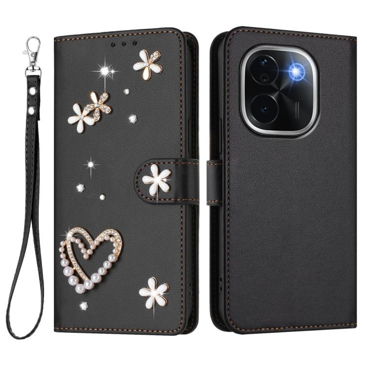 For vivo iQOO Z9s Pro 5G India ZS01 Double-Layer Heart Floral Vegan Leather Phone Case with Wrist Strap