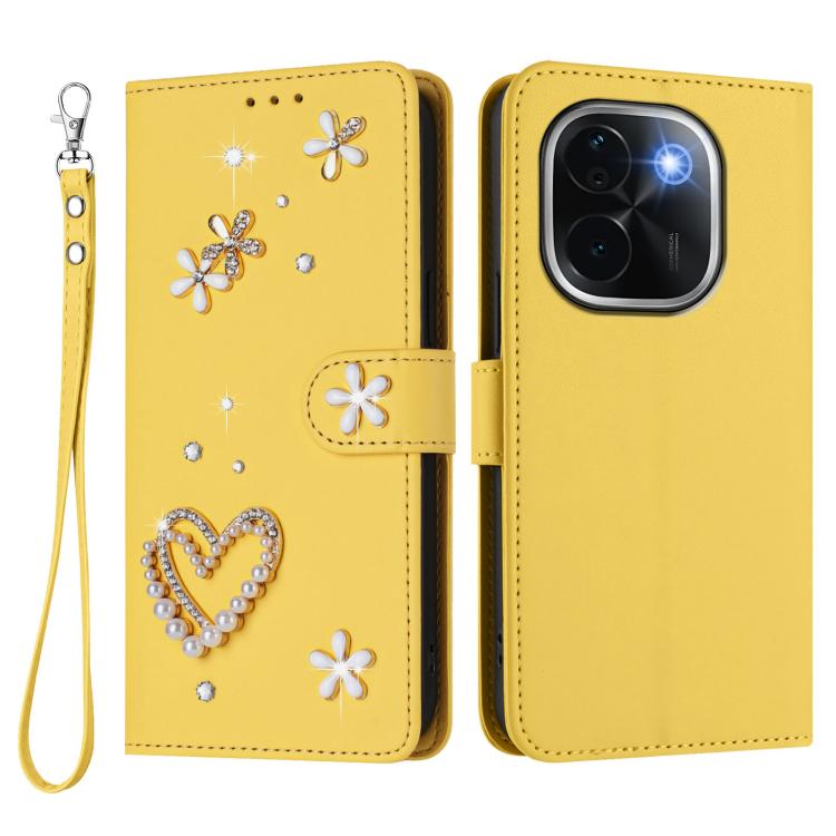 For vivo iQOO Z9s Pro 5G India ZS01 Double-Layer Heart Floral Vegan Leather Phone Case with Wrist Strap