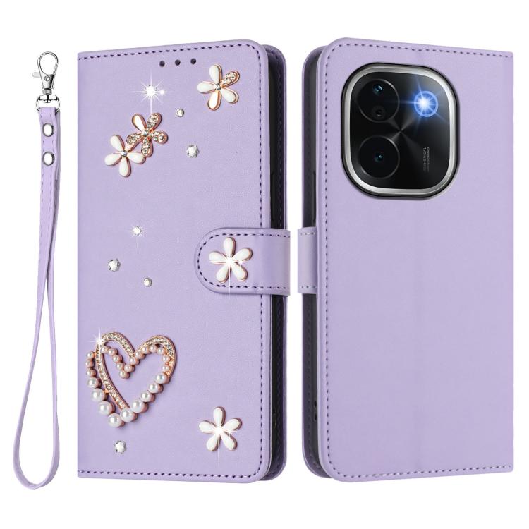 For vivo iQOO Z9s Pro 5G India ZS01 Double-Layer Heart Floral Vegan Leather Phone Case with Wrist Strap