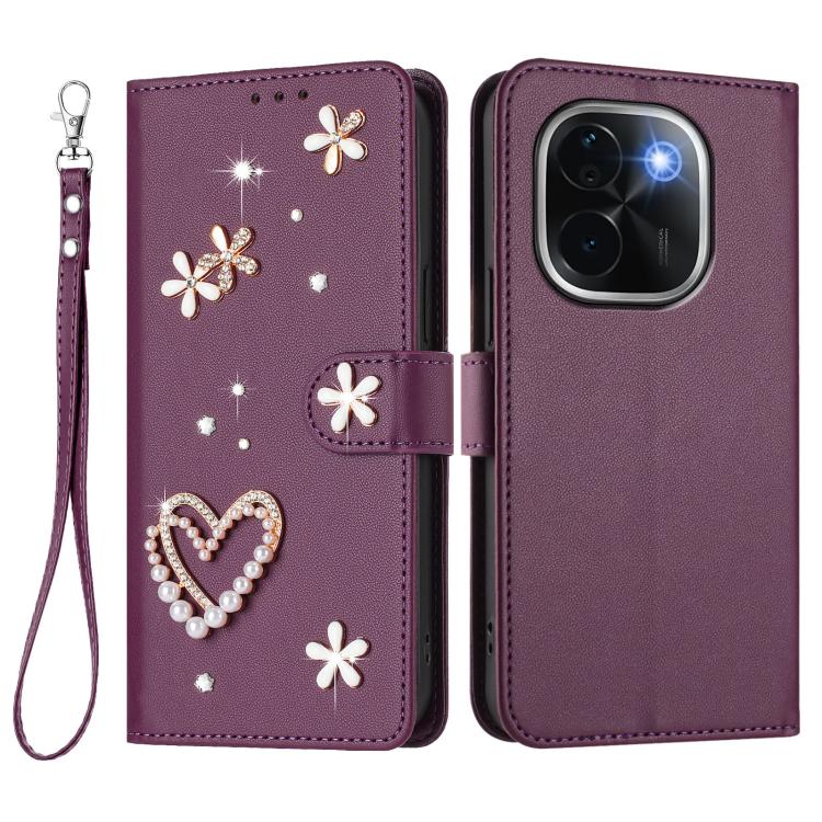 For vivo iQOO Z9s Pro 5G India ZS01 Double-Layer Heart Floral Vegan Leather Phone Case with Wrist Strap