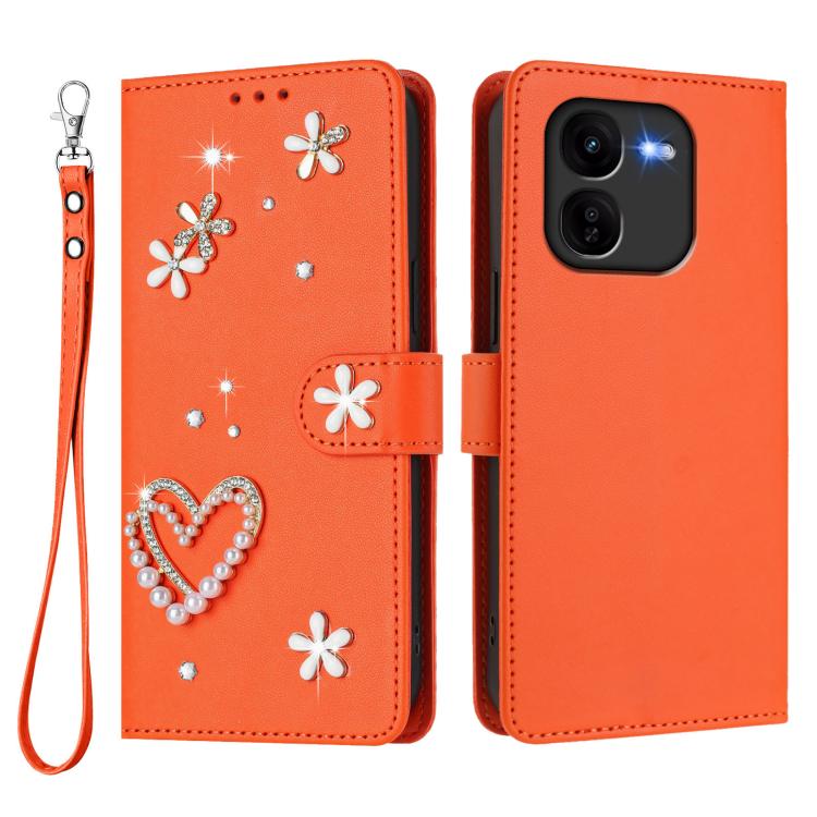 For vivo iQOO Z9x ZS01 Double-Layer Heart Floral Vegan Leather Phone Case with Wrist Strap
