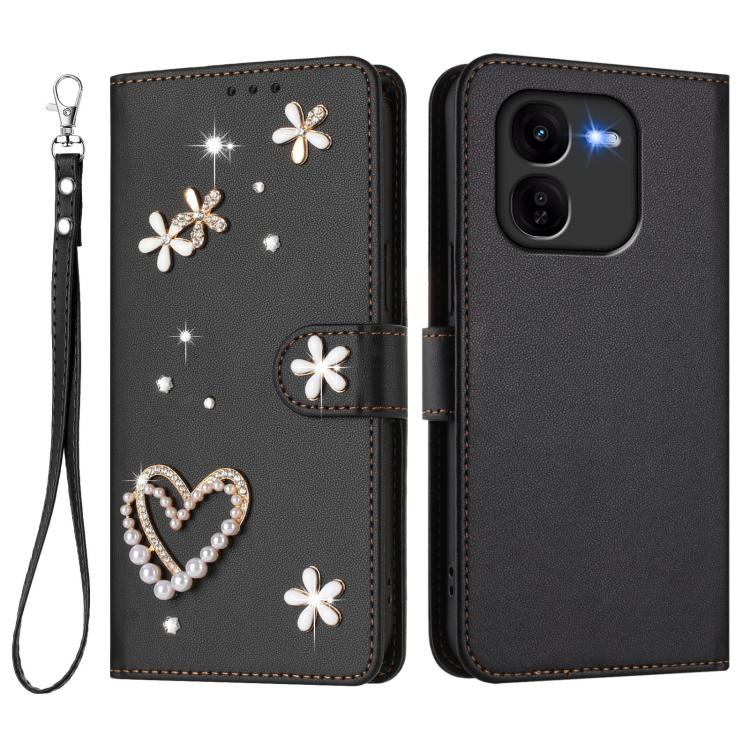 For vivo iQOO Z9x ZS01 Double-Layer Heart Floral Vegan Leather Phone Case with Wrist Strap