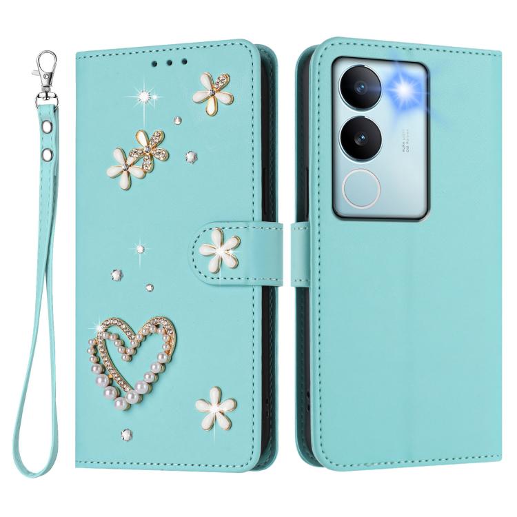 For vivo V29 5G Global / V29 Pro ZS01 Double-Layer Heart Floral Vegan Leather Phone Case with Wrist Strap
