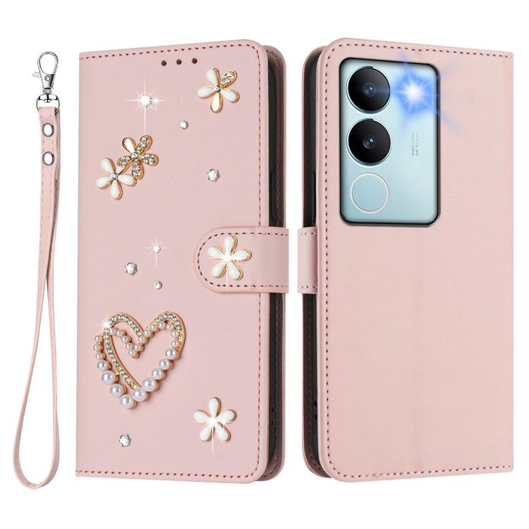 For vivo V29 5G Global / V29 Pro ZS01 Double-Layer Heart Floral Vegan Leather Phone Case with Wrist Strap