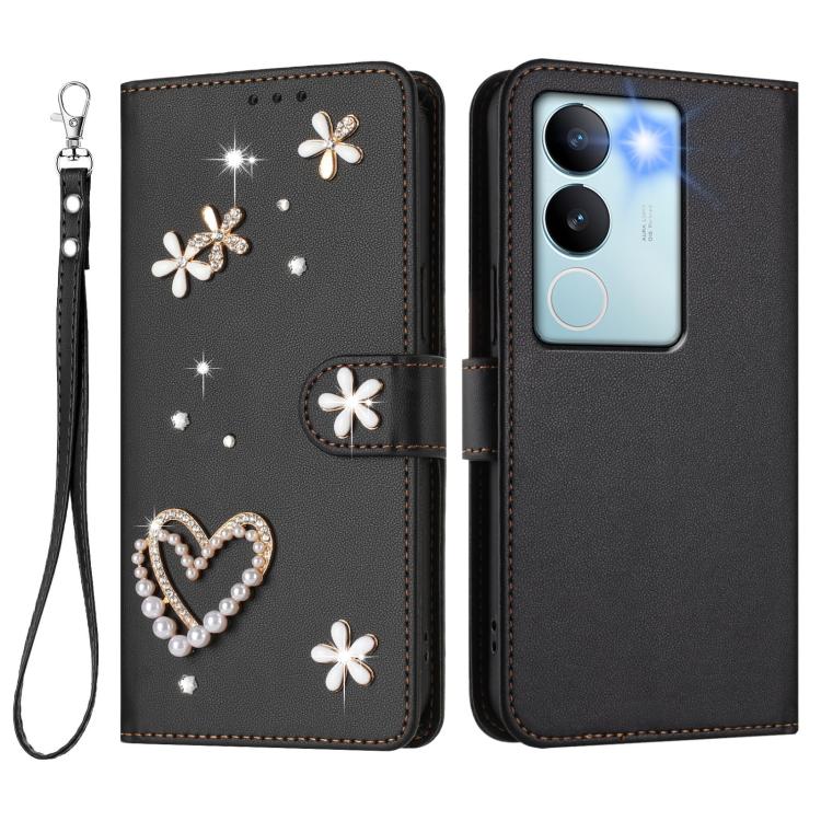 For vivo V29 5G Global / V29 Pro ZS01 Double-Layer Heart Floral Vegan Leather Phone Case with Wrist Strap