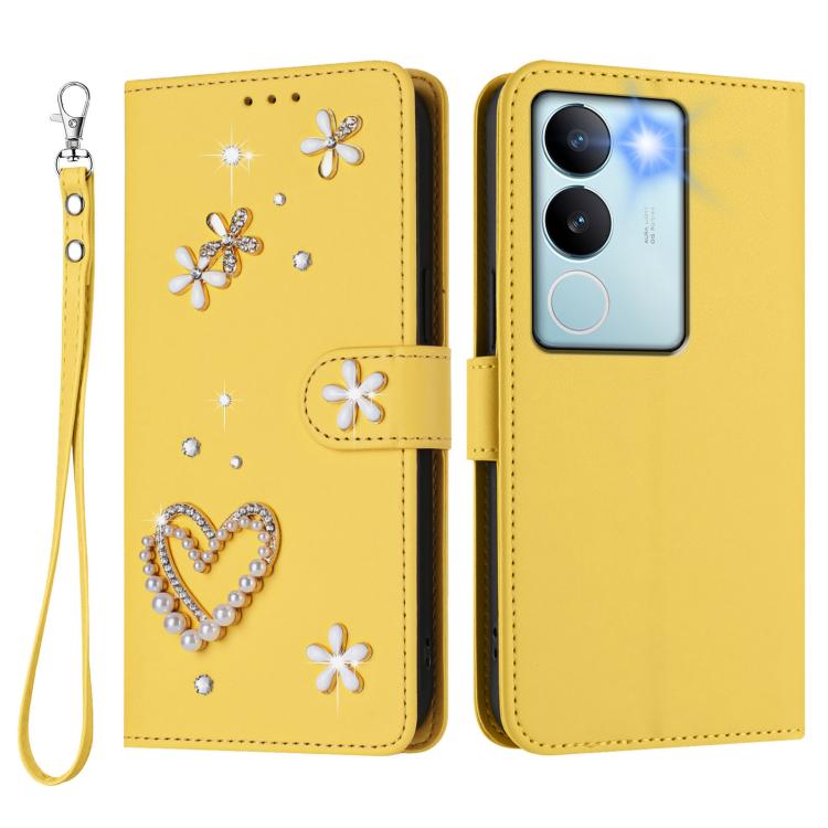 For vivo V29 5G Global / V29 Pro ZS01 Double-Layer Heart Floral Vegan Leather Phone Case with Wrist Strap