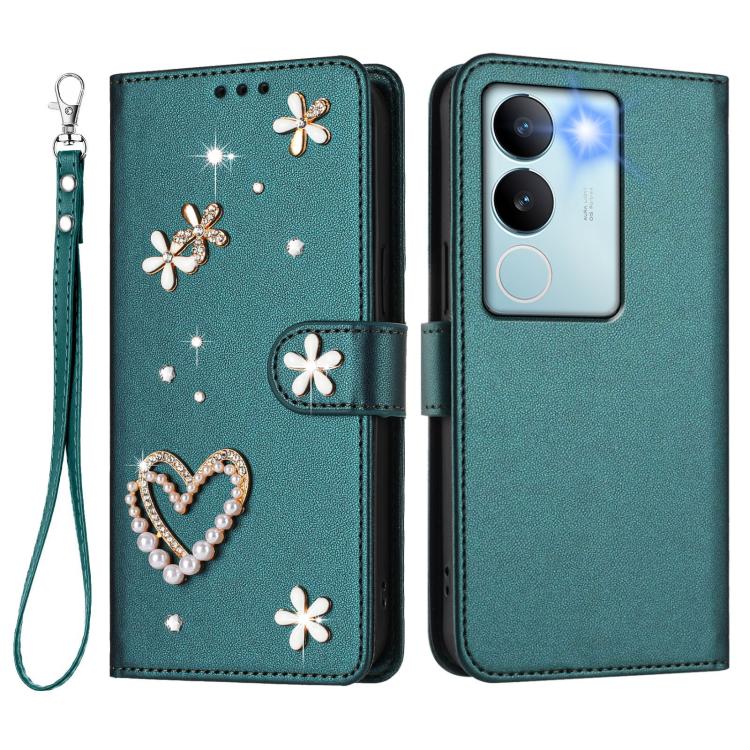 For vivo V29 5G Global / V29 Pro ZS01 Double-Layer Heart Floral Vegan Leather Phone Case with Wrist Strap