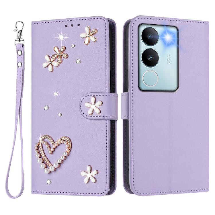 For vivo V29 5G Global / V29 Pro ZS01 Double-Layer Heart Floral Vegan Leather Phone Case with Wrist Strap
