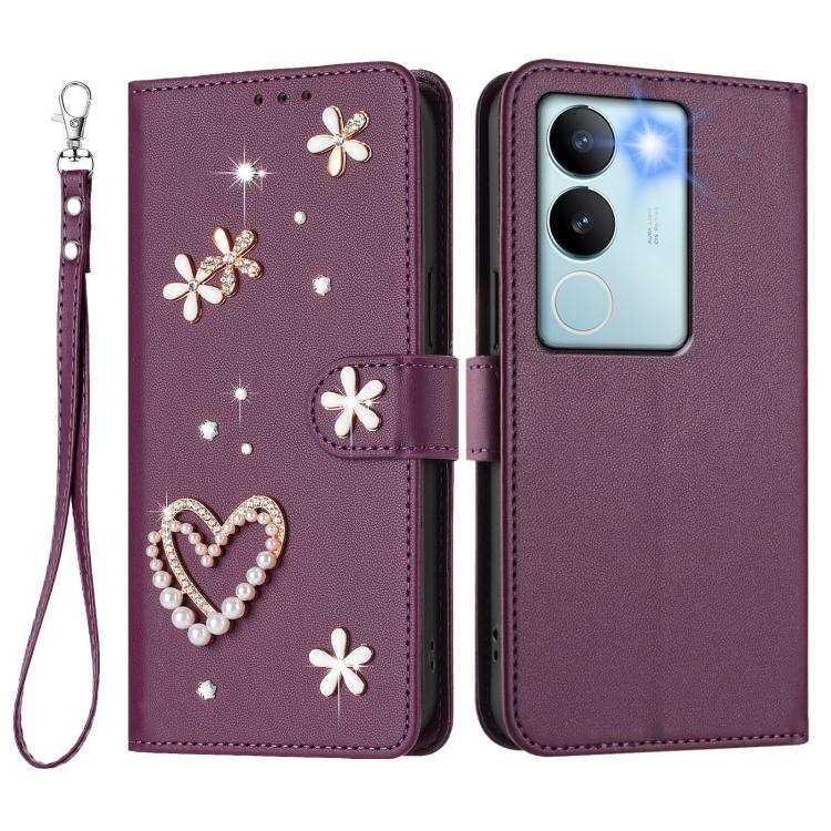 For vivo V29 5G Global / V29 Pro ZS01 Double-Layer Heart Floral Vegan Leather Phone Case with Wrist Strap