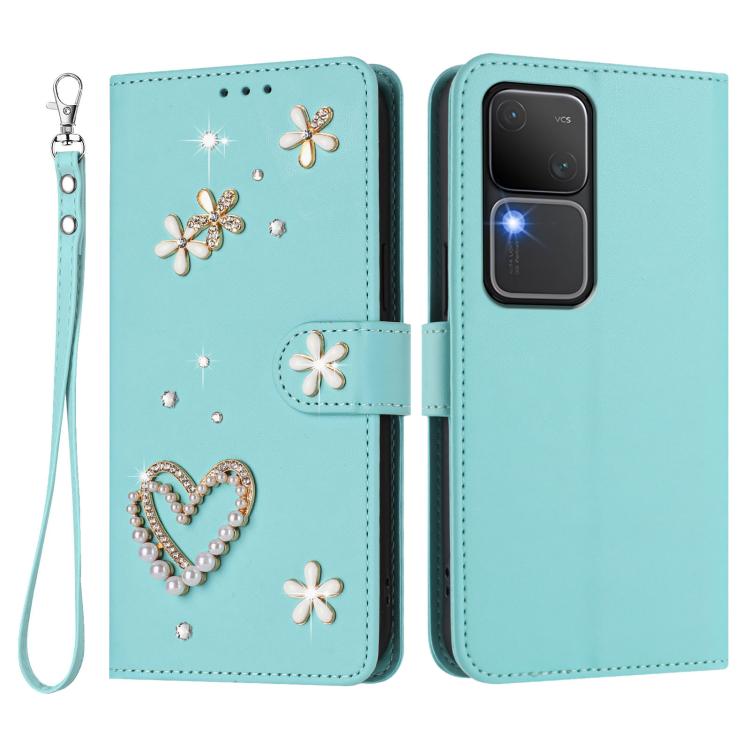 For vivo V30 5G Global / V30 Pro 5G Global ZS01 Double-Layer Heart Floral Vegan Leather Phone Case with Wrist Strap