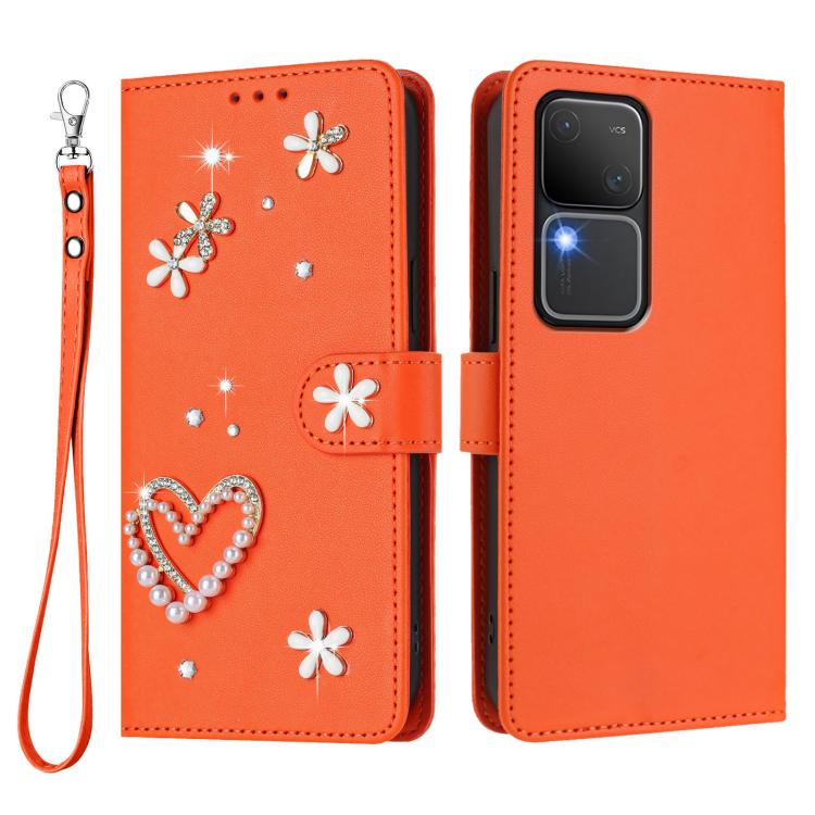 For vivo V30 5G Global / V30 Pro 5G Global ZS01 Double-Layer Heart Floral Vegan Leather Phone Case with Wrist Strap