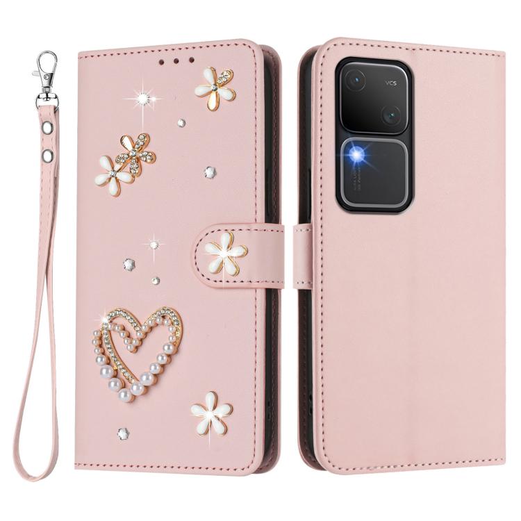 For vivo V30 5G Global / V30 Pro 5G Global ZS01 Double-Layer Heart Floral Vegan Leather Phone Case with Wrist Strap