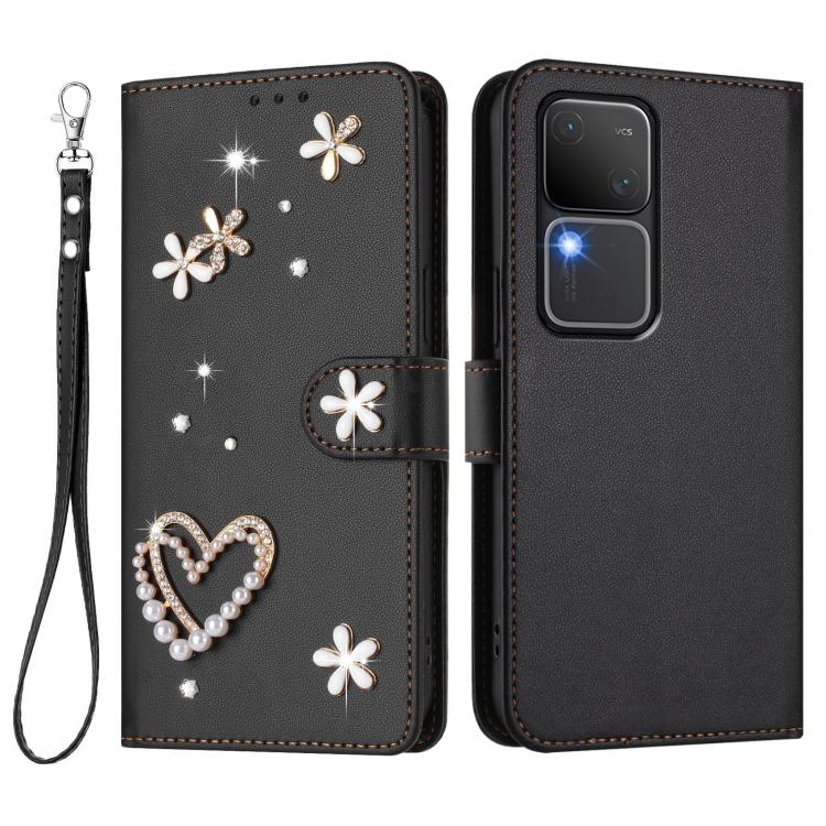 For vivo V30 5G Global / V30 Pro 5G Global ZS01 Double-Layer Heart Floral Vegan Leather Phone Case with Wrist Strap