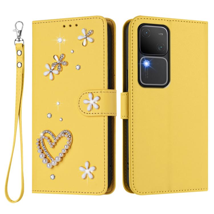 For vivo V30 5G Global / V30 Pro 5G Global ZS01 Double-Layer Heart Floral Vegan Leather Phone Case with Wrist Strap