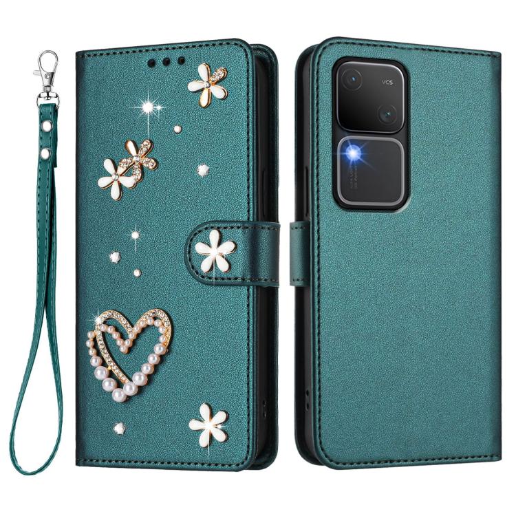 For vivo V30 5G Global / V30 Pro 5G Global ZS01 Double-Layer Heart Floral Vegan Leather Phone Case with Wrist Strap