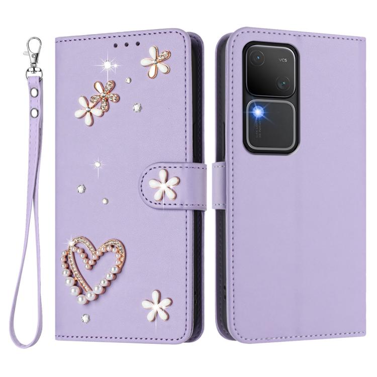 For vivo V30 5G Global / V30 Pro 5G Global ZS01 Double-Layer Heart Floral Vegan Leather Phone Case with Wrist Strap