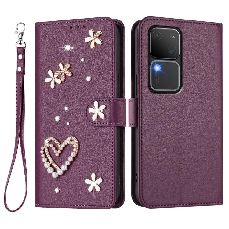 For vivo V30 5G Global / V30 Pro 5G Global ZS01 Double-Layer Heart Floral Vegan Leather Phone Case with Wrist Strap