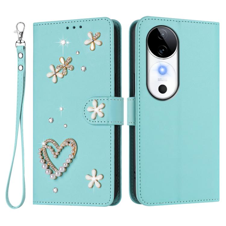 For vivo S19 ZS01 Double-Layer Heart Floral Vegan Leather Phone Case with Wrist Strap
